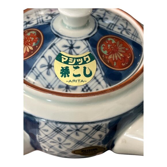 VTG Japanese Arita-yaki Porcelain Teapot with Mesh Strainer | Blue White Red Flo - Picture 2 of 7